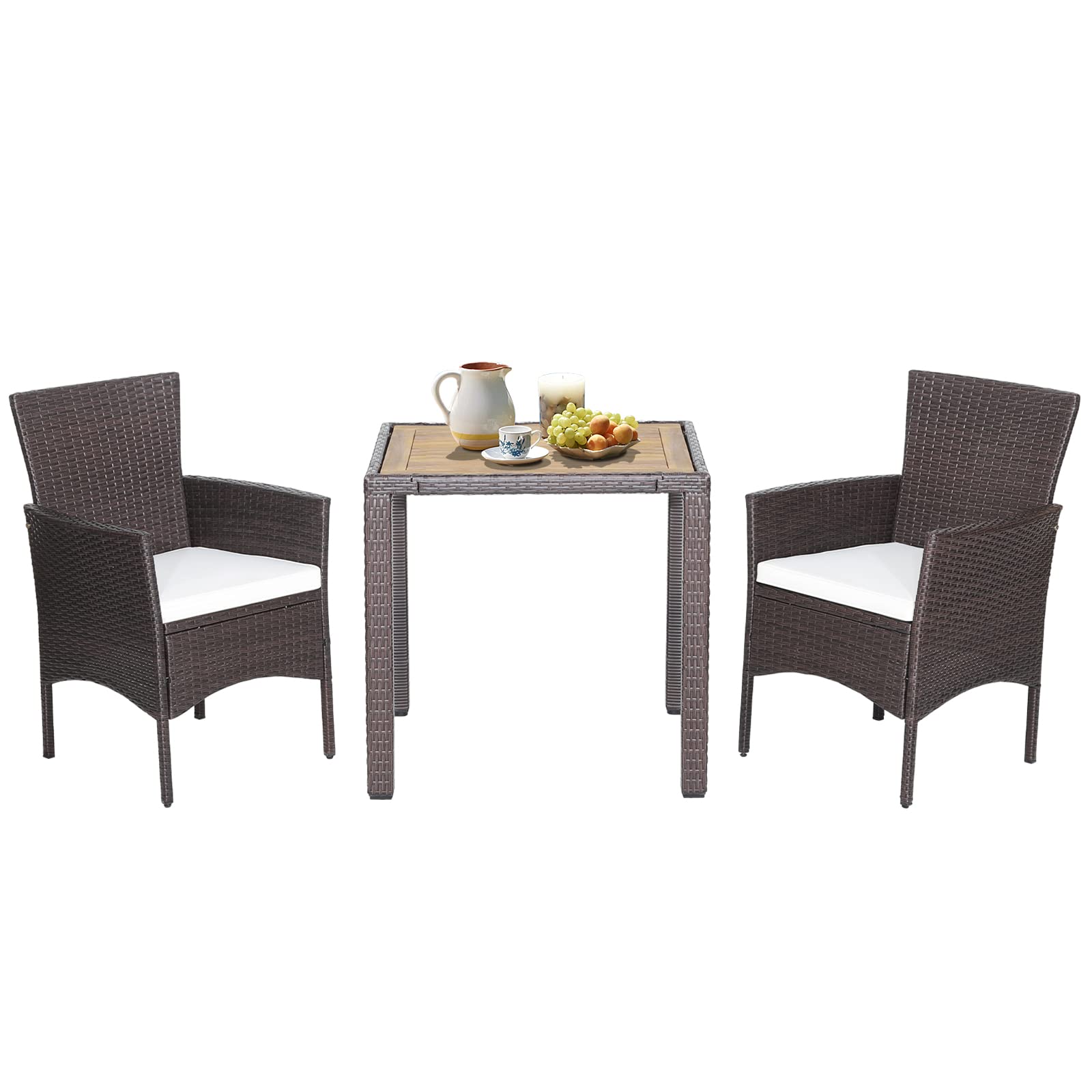 Ensemble de meubles de patio Tangkula 3 pièces, ensemble de salle à manger extérieur en osier marron mélangé